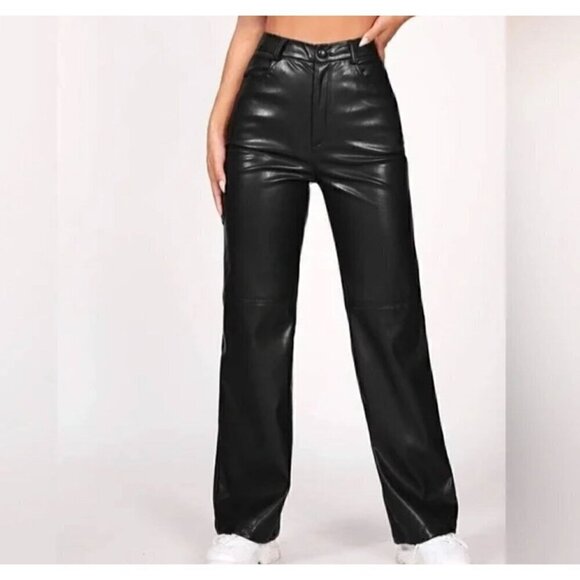 SHEIN Black Faux Leather High-Waisted Pants, Back Pockets & Straight-Leg Fit, Pe - Picture 1 of 8
